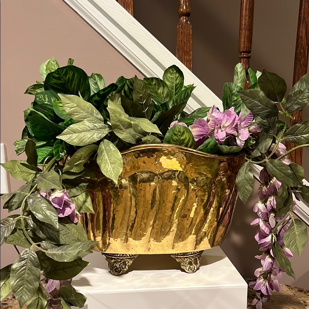 Vintage Hammered Brass Footed Planter Cachepot